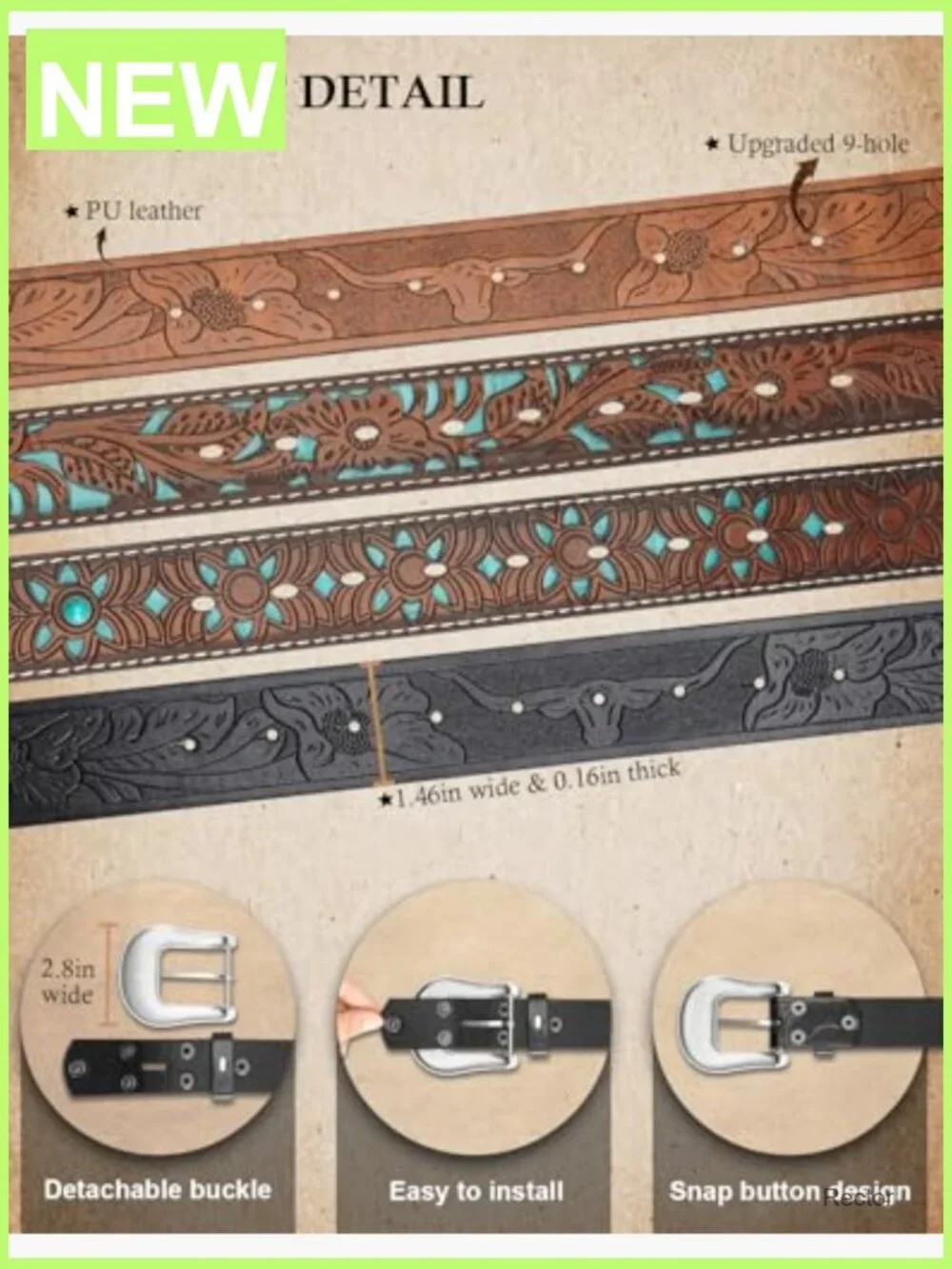 Western Cowgirl Belt Embossed Floral PU Leather Adjustable Unisex Gifts